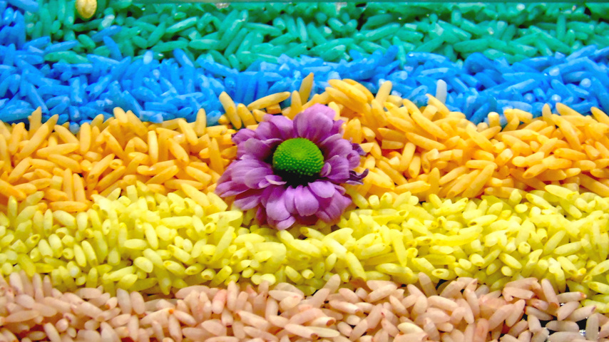 COLOURED RICE DECORATION WITH FLOWER ON IT